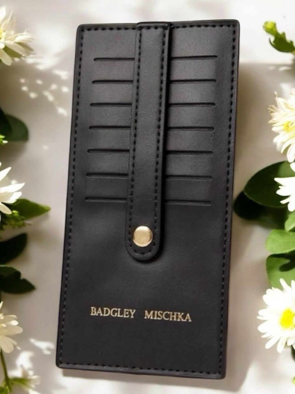 Badgley Mischka Black Leather Multi-Slot Card Holder with Snap Strap